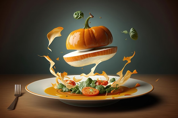 Salad with levitating pumpkin Digital art AI generation