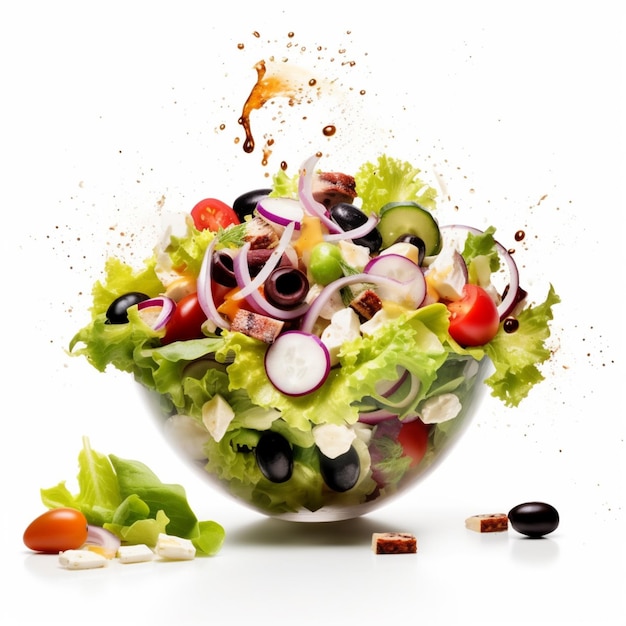 A salad with many ingredients is shown in this image.