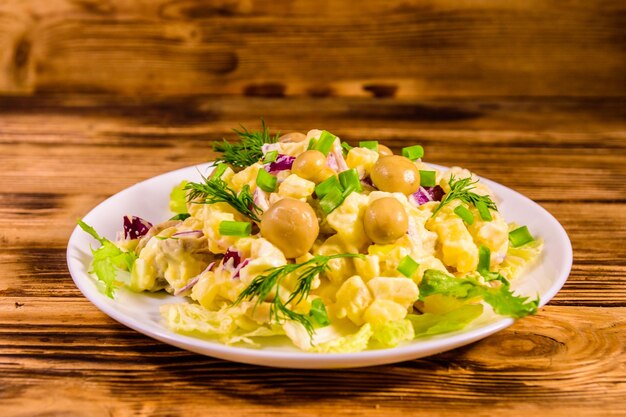 Salad with marinated mushrooms eggs red onion boiled potato and mayonnaise on rustic wooden table