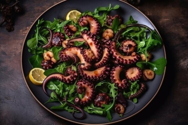 Salad with octopus Dark background Exquisite seafood dishes Generative AI