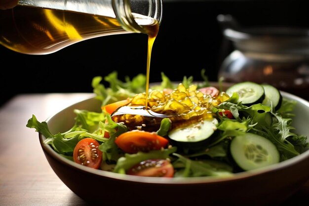 a salad with olive oil pouring into a bowl.