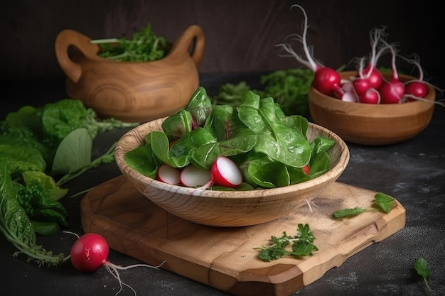 Salad with radish and fresh greens on rustic wooden plate