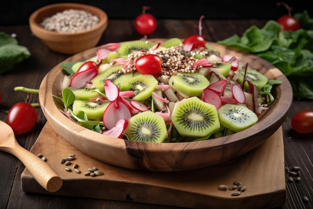 Salad with radish sunflower seeds and kiwi fruit on wooden board