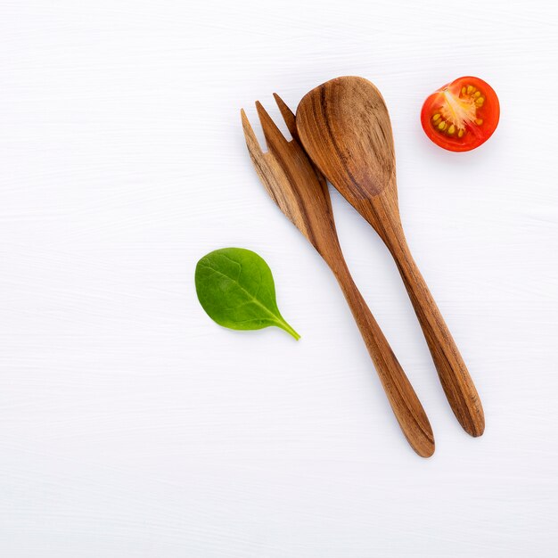 salad with raw ingredients  flat lay on white wood