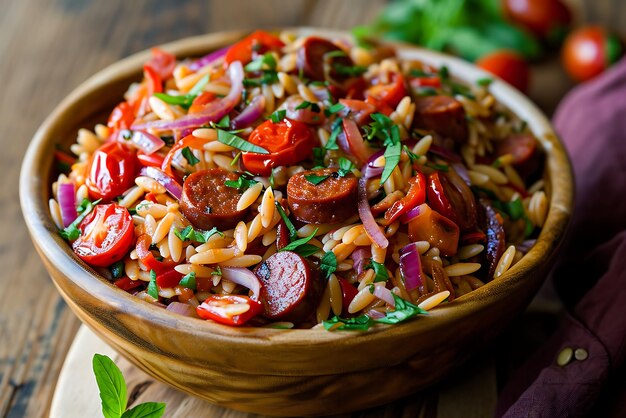 Salad with rice sausage tomatoes red onion and parsley Italian cuisine