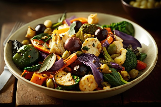 Salad with Roasted Veggies and Crushed Olives