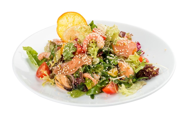 Salad with salmon and seafood On a white background