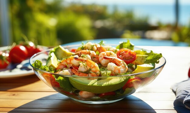 A salad with shrimp and avocado in a bowl