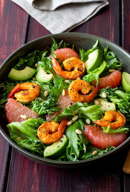 Salad with shrimp grapefruit avocado and nuts healthy eating
diet