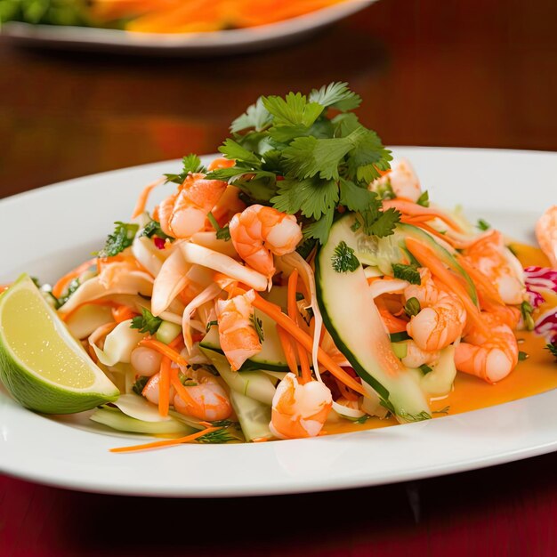 Salad with shrimps and cucumber on a white plate