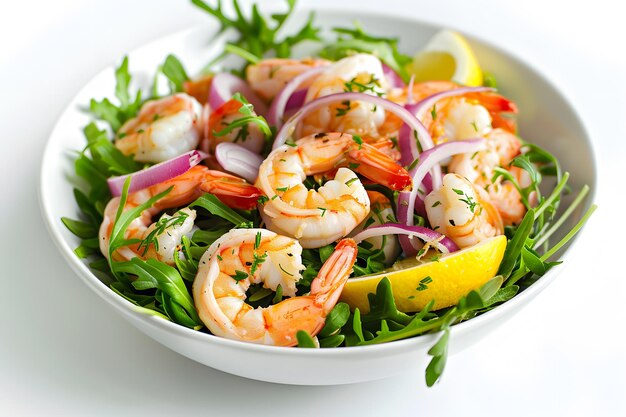 Salad with shrimps lettuce lemon and onion on white background