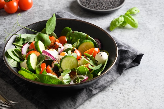 Salad with spinach cherry tomatoes onion and Mozzarella on grey stone background