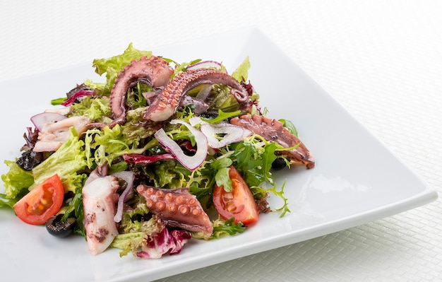 Salad with squid and octopus on a white background