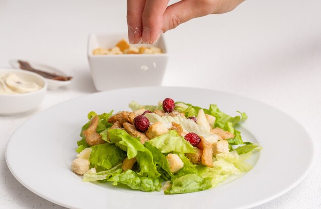 Foto insalata con pane tostato, acciughe e salsa su pianta bianca e sfondo bianco