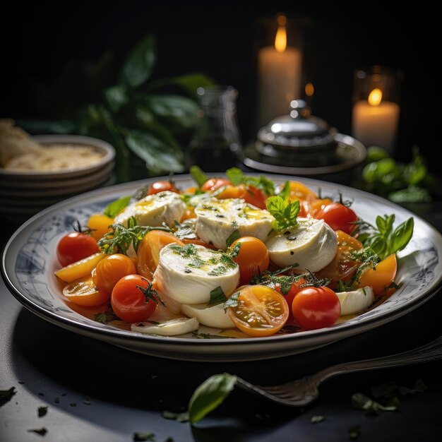 Salad with tomatoes and cheese in a black dish