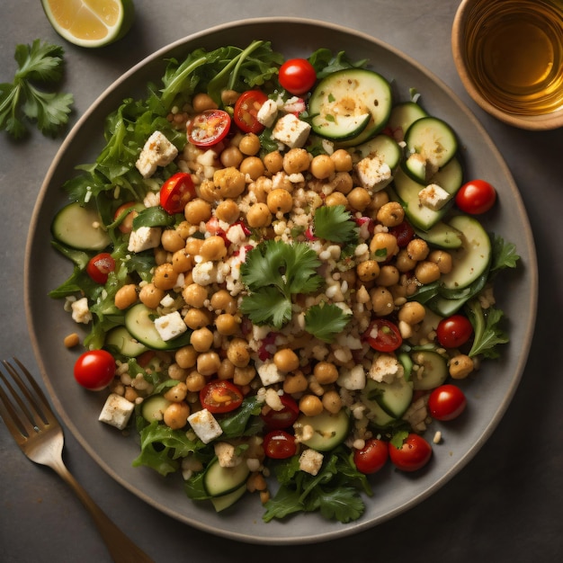 Photo a salad with tomatoes, cucumber, and avocado.