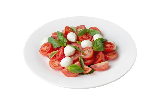 Salad with tomatoes mozzarella and basil on a gray background