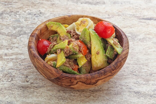 Salad with tuna quail egg tomato and avocado