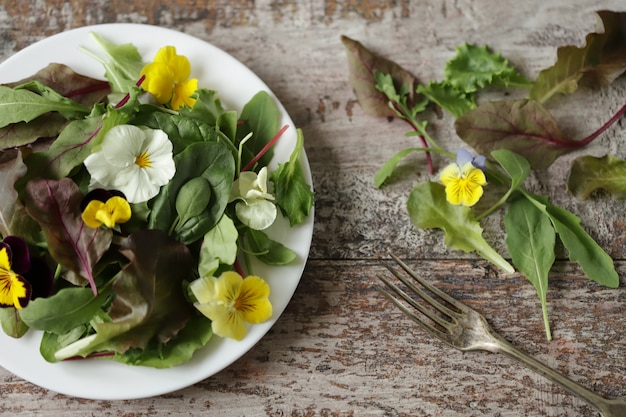 Salad with violets on a white plate