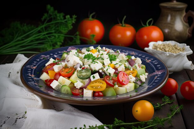 Salada fresca e colorida com molho de iogurte генеративный IA