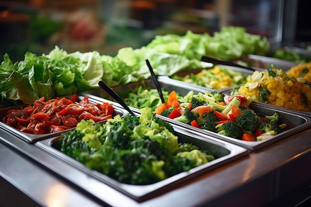 Saladbarstation met een verscheidenheid aan sla, groenten en eiwitten