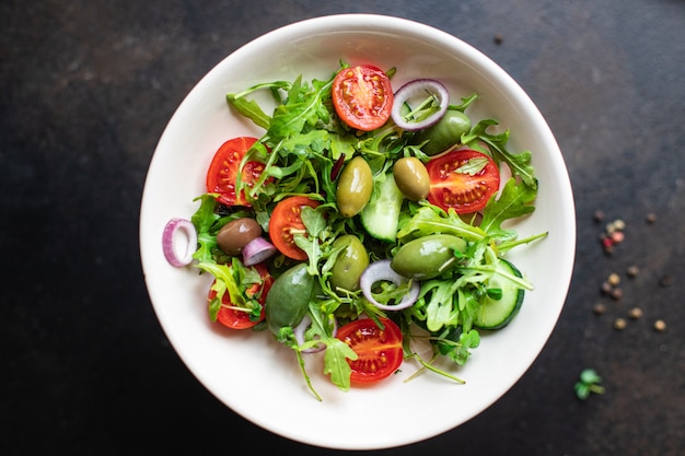 Salade Groente Olijven Tomaat Komkommer Sla Mix Bladeren Snack Maaltijd