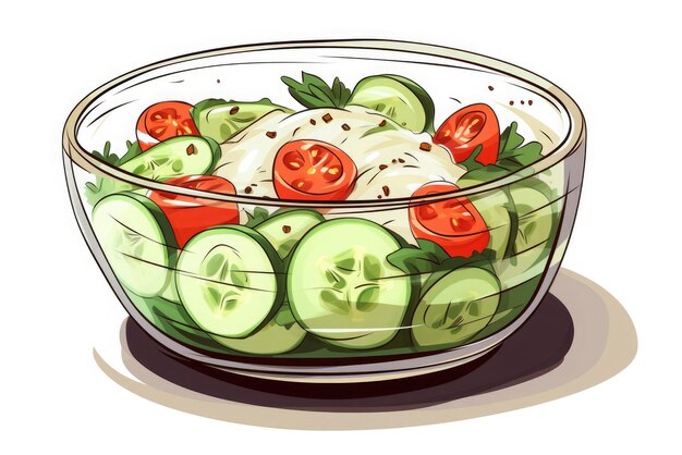 Salade in een heldere saladeschaal manga stijl vector illustratie sticker zwarte omtrek witte achtergrond