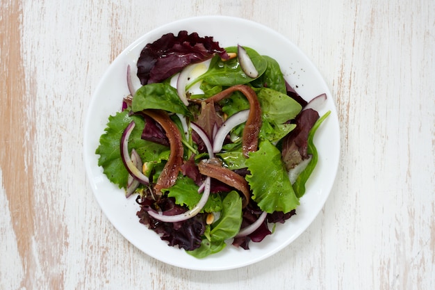 Salade met ansjovis en ui op witte plaat op witte oppervlakte