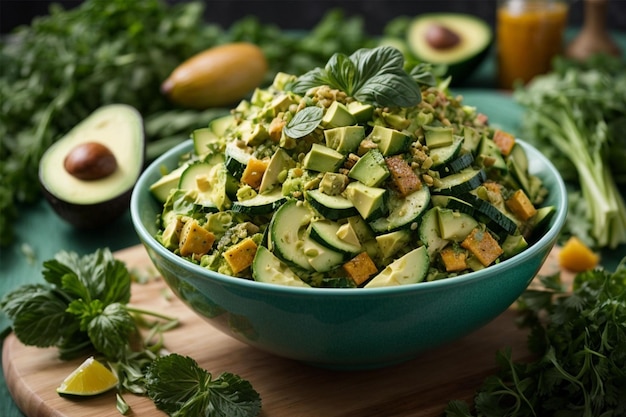 Salade met avocado-komkommerkruiden en specerijen in een kom