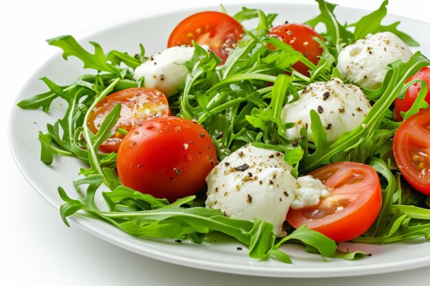 Salade met Burrata Kaas Rucola Salade en Tomaten in Plaat Geïsoleerd op Een Witte Achtergrond