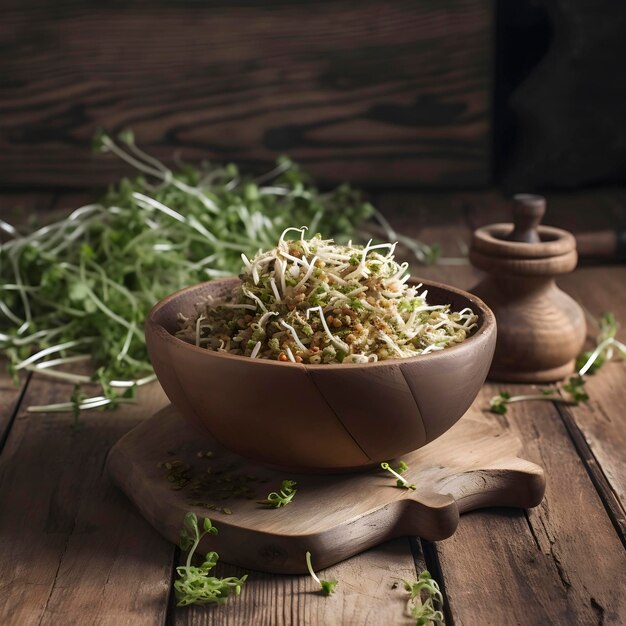 Salade met gekiemde tarwe in een houten bord op een houten tafel