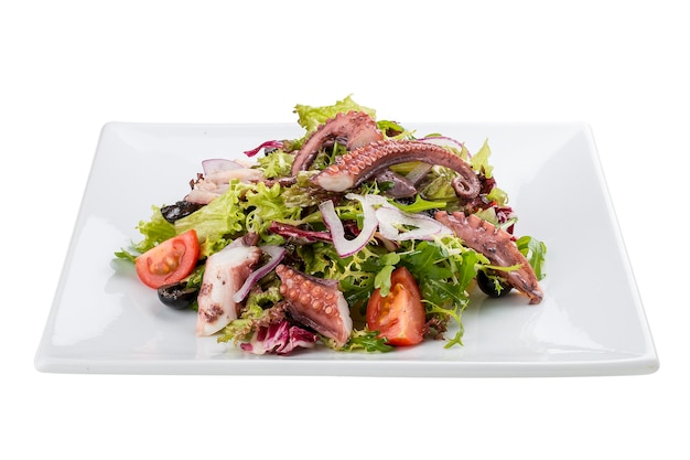 Salade met inktvis en octopus op een witte achtergrond