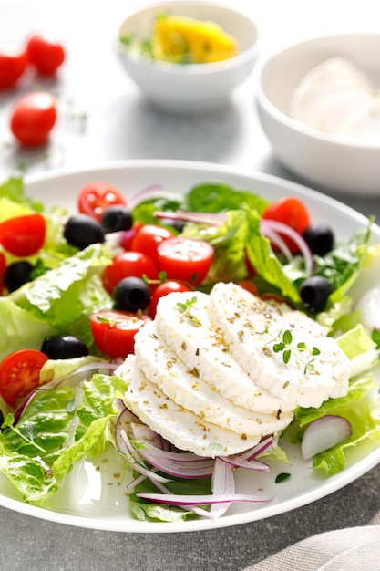 Salade met mozarella kaas cherrytomaat olijven en romaine sla