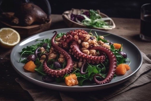 Foto salade met octopus donkere achtergrond exquise visgerechten generatieve ai