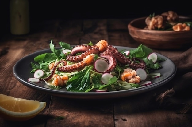 Salade met octopus Donkere achtergrond Exquise visgerechten Generatieve AI