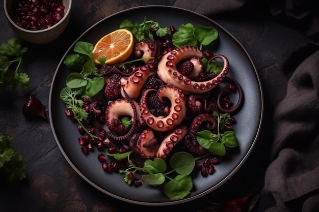 Salade met octopus en citrusvruchten op een bord exquise visgerechten generatieve ai