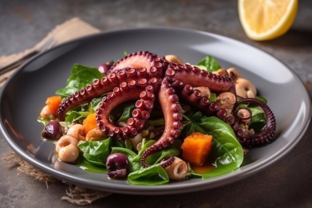 Foto salade met octopus en citrusvruchten op een bord exquise visgerechten generatieve ai