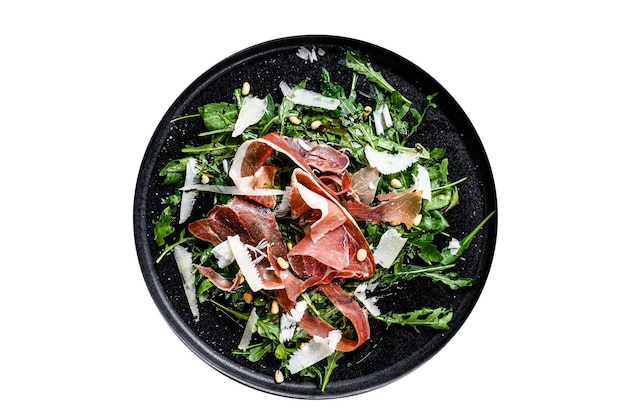 Salade met Parma prosciutto ham rucola en Parmezaanse kaas geïsoleerd op een witte achtergrond