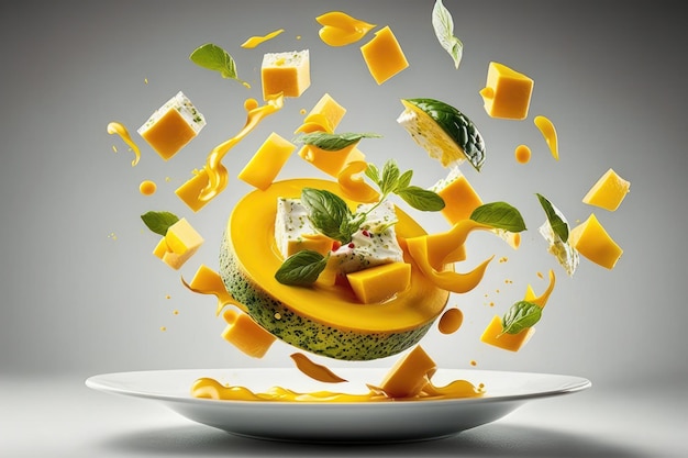 Salade met zwevende mango Digitale kunst AI generatie