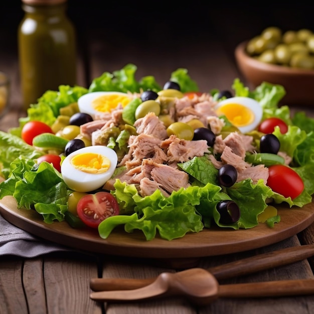 Salade Nicoise met ingeblikte tonijntomaten, gekookte eieren en olijven op houten plaat Generative AI