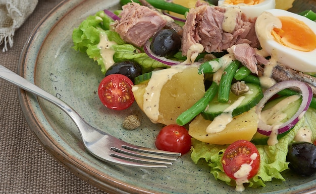 Salade Nicoise voor een gezond eten. Vergulde dichtbij bekeken