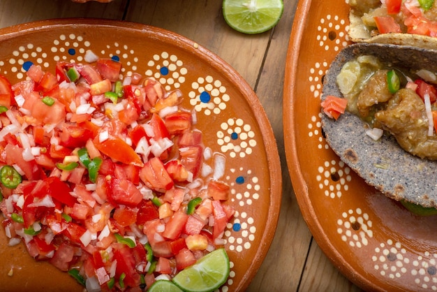 Salade pico de gallo en taco's op een houten tafel