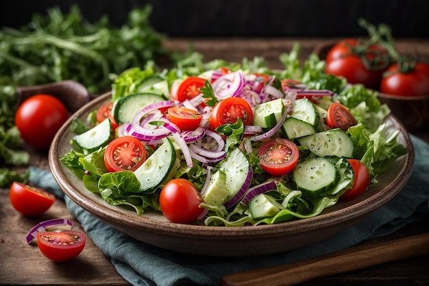salade van tomaten komkommer rode uien en slablaadjes gezond zomer vitamine menu veganistisch