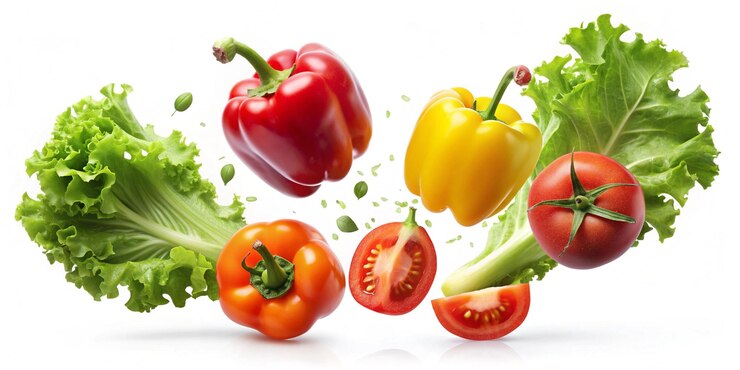 Foto salade van vallende groenten met peper, tomaten en slabladeren