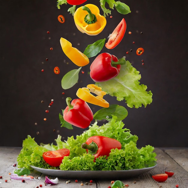 Salade van vallende groenten met peper, tomaten en slabladeren