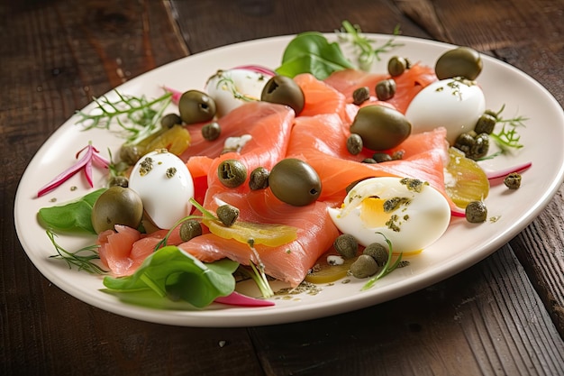 Salade with radish smoked salmon and capers