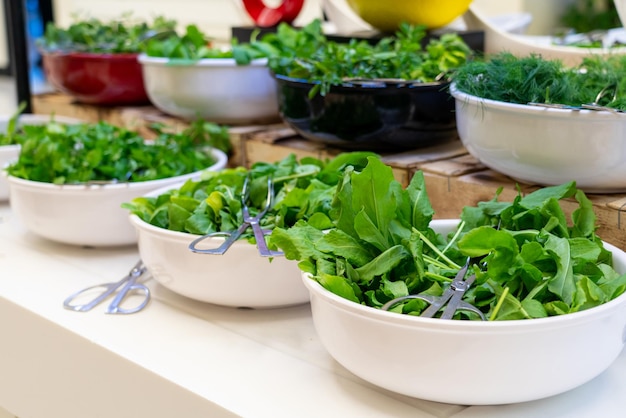 Saladebar met verse groenten en fruit in hotelbuffet