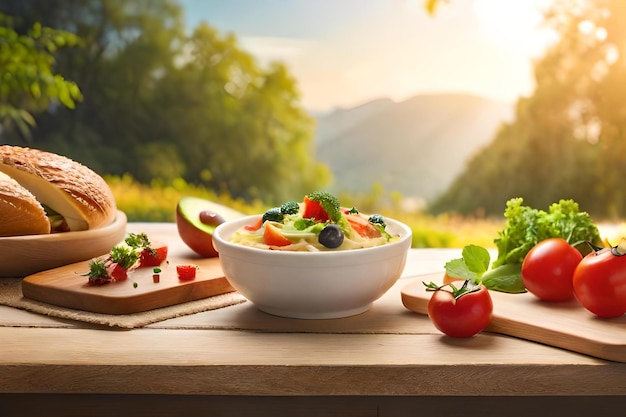 Salads and sandwiches on a table with a sun setting behind them.