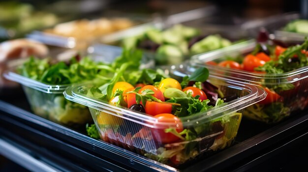 Salads of vegetables already wrapped in plastic cartons Generative AI