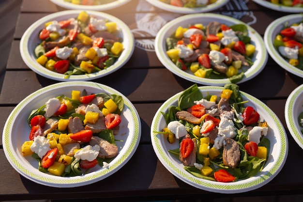 salads with strawberries in plates on the table